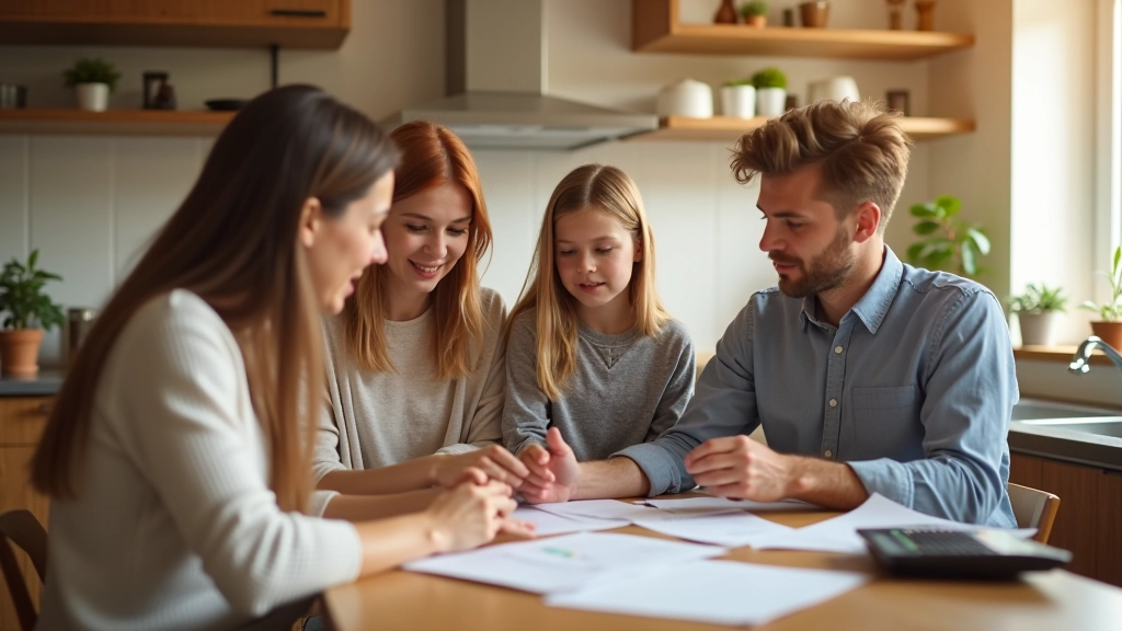 Moderne Haushaltsküche mit Familie beim Besprechen von Budgetplanung während Preissteigerungen